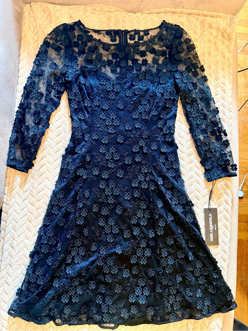 Karl Lagerfeld Black Floral Lace Long-Sleeve Fit-and-Flare Dress
